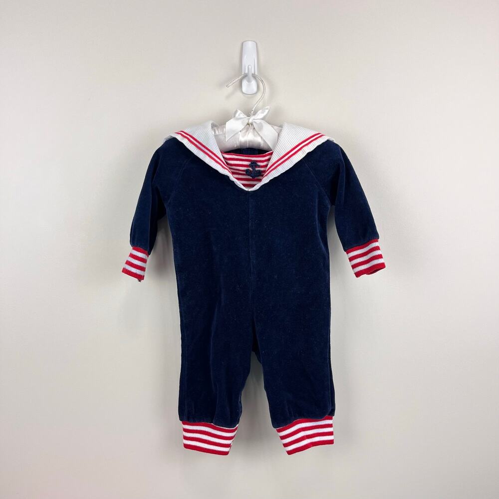 Vintage Thomas Navy Blue Velour Sailor Suit Coverall 3-6 Months